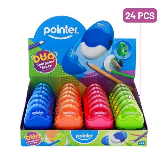 Pointer Manual Pencil Sharpeners, Oval-Shaped, Single Hole, Double 2-in-1 Eraser and Container, Counter Display, Assorted Colors, 24 Count, 1 Pack