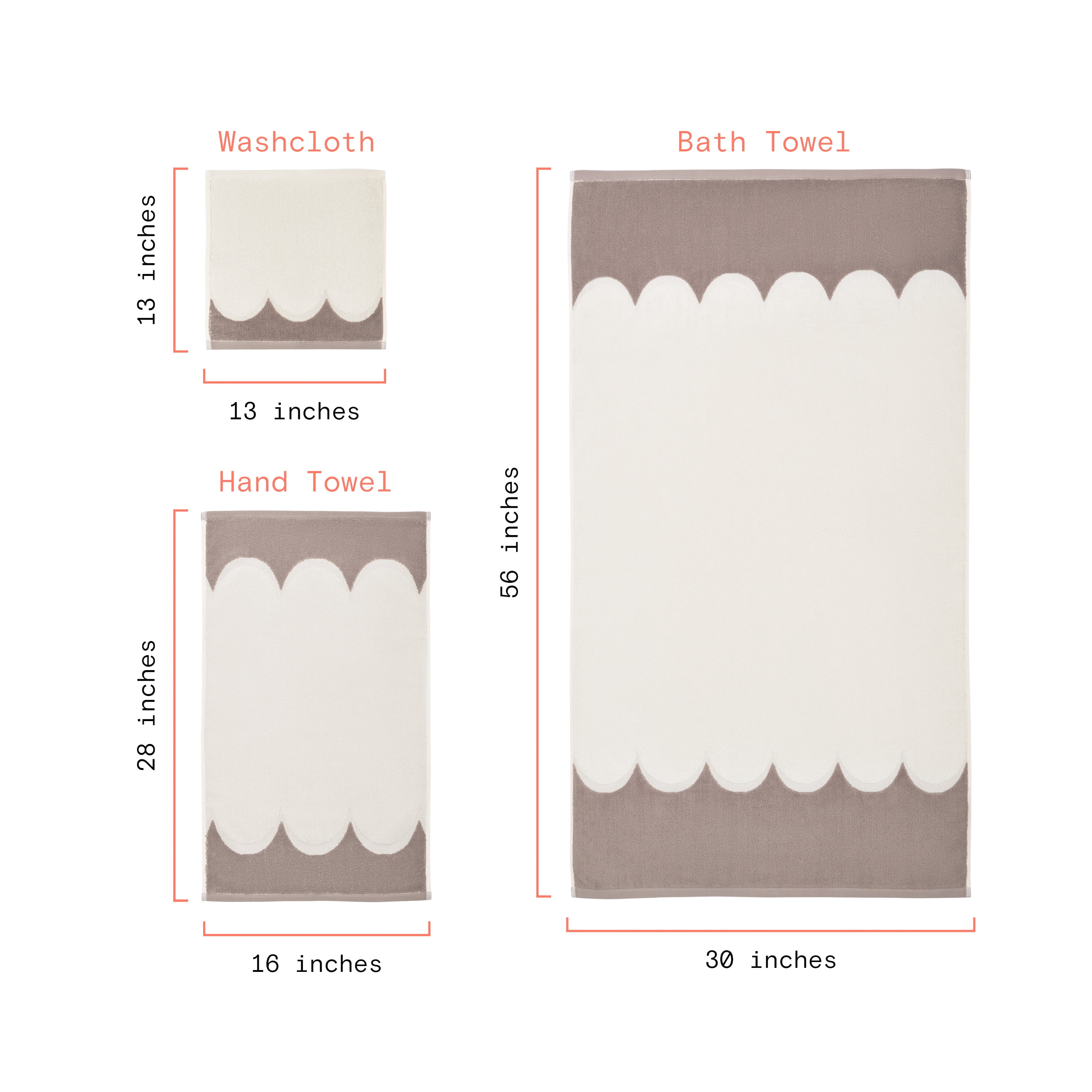 Beautiful by Drew Barrymore 6-Piece Scallop Bath Towel Set, Soft 100% Cotton, Taupe