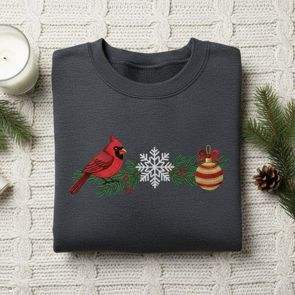 Embroidered Cardinal Sweatshirt, Snowflake Ornament Holiday Design, Winter Bird Crewneck, Festive Christmas Apparel, Bird Lover Gift