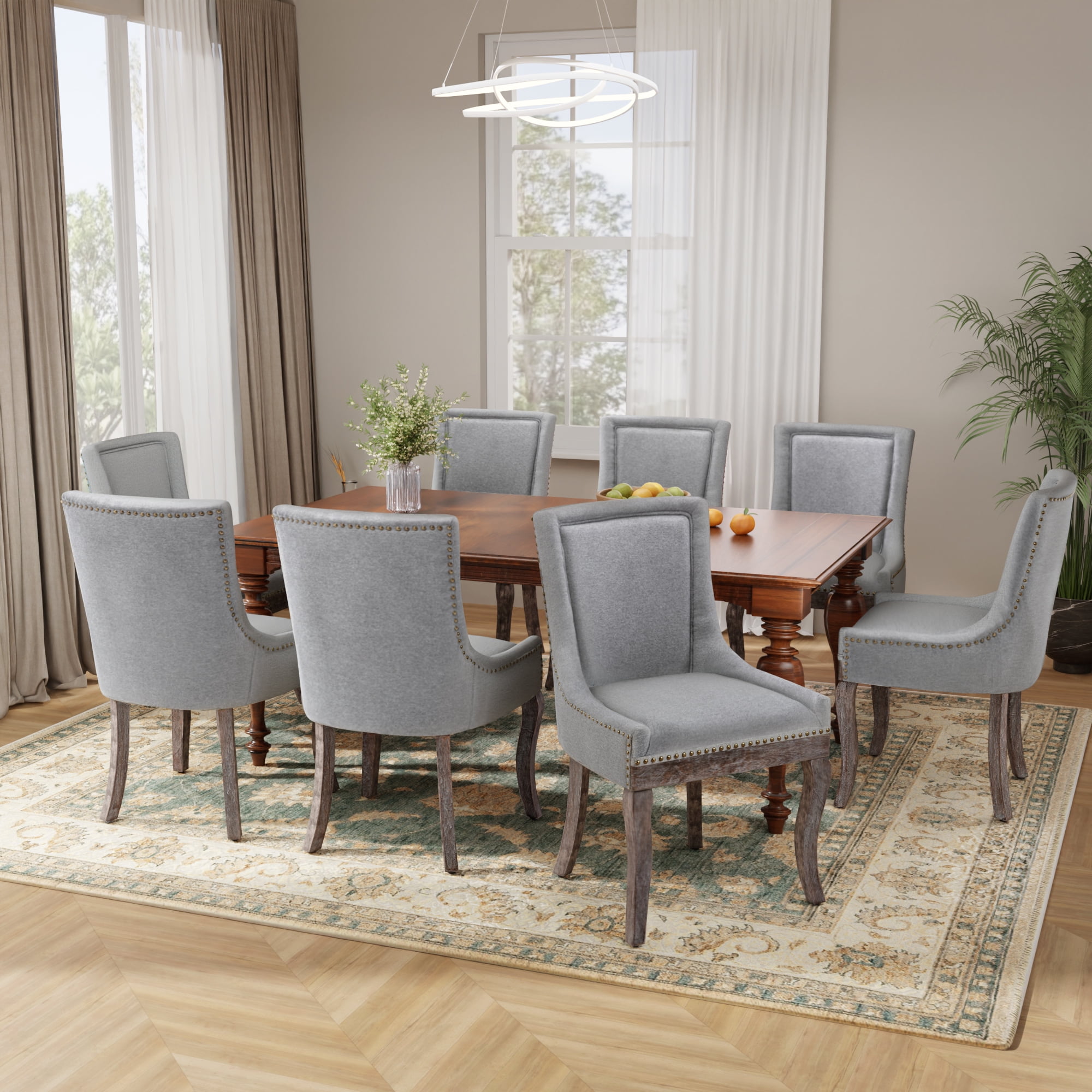 DONICK Vintage Fabric Upholstered Dining Chairs,Solid Wood Kitchen Dining Room Chairs with Nailheads Solid Wood Legs (Gray,Set of 6)