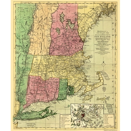 Revolutionary War Map - New England Inhabited Part - Bowles 1780 - Vintage Wall Art