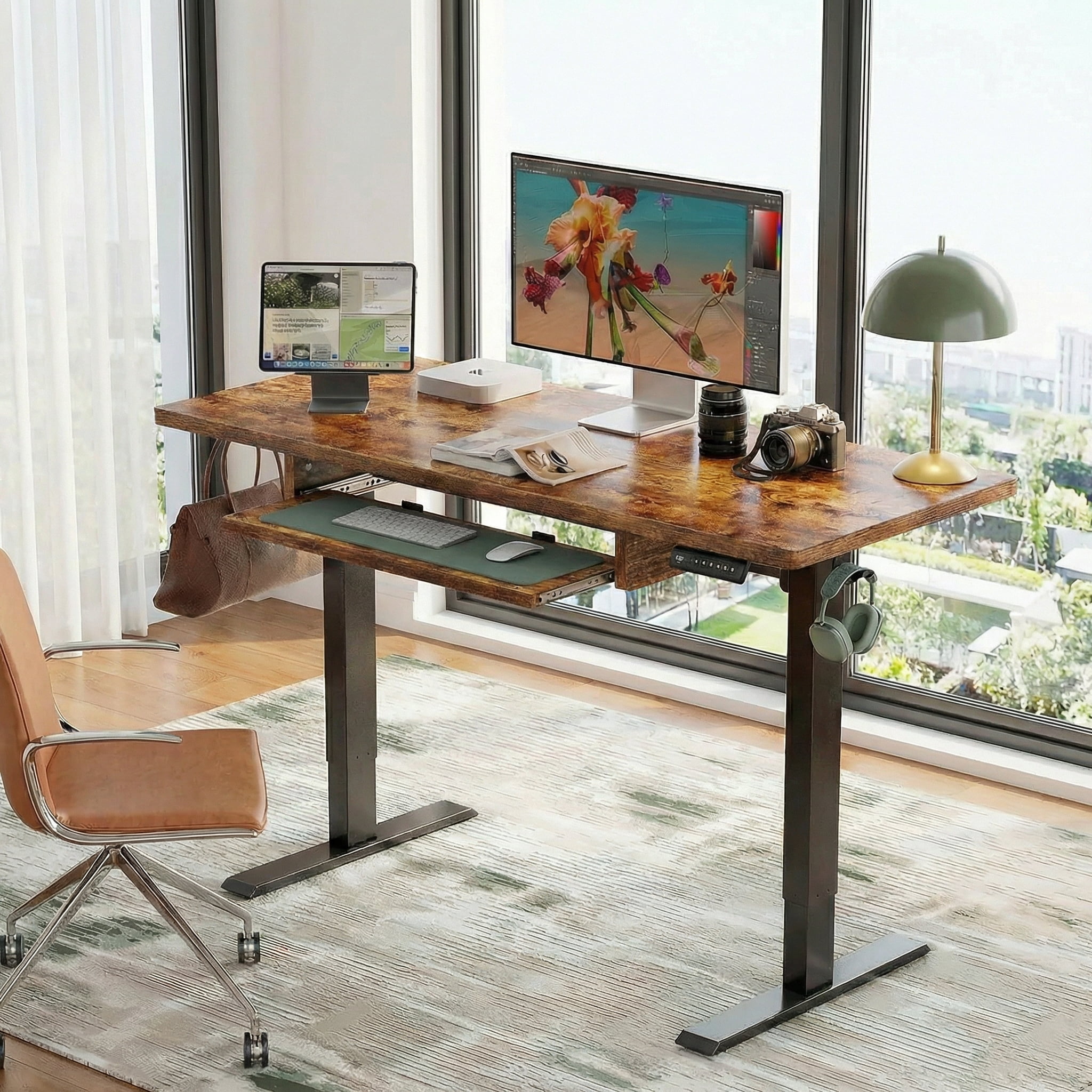 CHITOOMA Electric Standing Desk with Keyboard Tray, 48" x 24" Adjustable Height Sit Stand Up Desk, Home Office Gaming Desk Computer Workstation, Vintage Brown