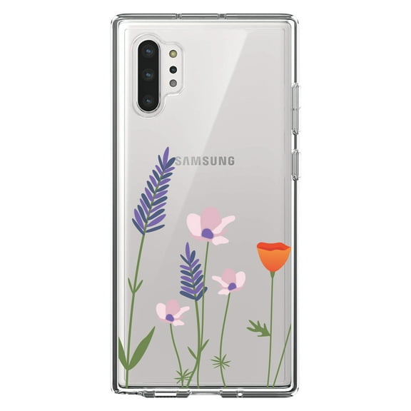 DistinctInk Clear Shockproof Hybrid Case for Galaxy Note 10 PLUS (6.8" Screen) - TPU Bumper Acrylic Back Tempered Glass Screen Protector - Wildflowers Blue Purple Pink