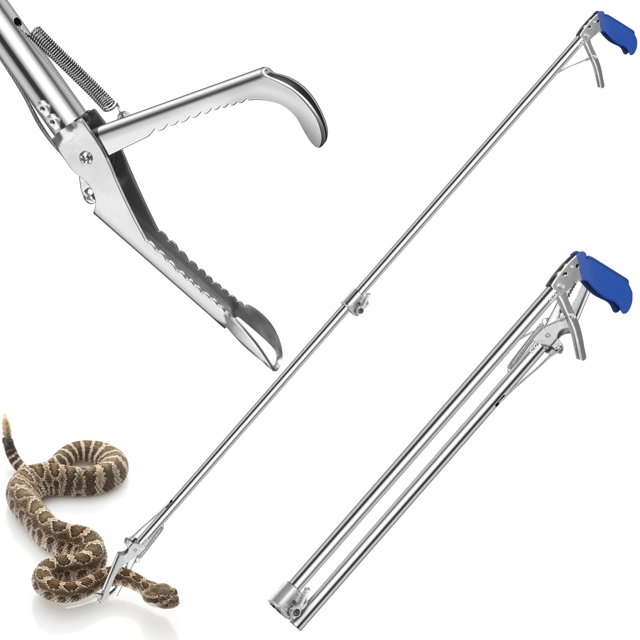 pinza para serpientes bsrobotic de acero inoxidable de 60 pulgadas con tubo de 35 cm herramienta plegable de 60 pulgadas con mandíbulas dentadas de acero inoxidable, mango ergonómico envuelto en esponja azul antideslizante, tubo resistente de 1.378 in y bloqueo plegable; vista desplegada y plegada. Suele usarse también para manipular reptiles en granjas y campamentos.