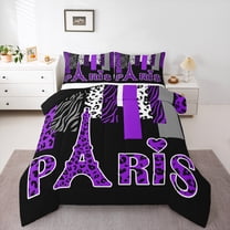 Homewish Cheetah Leopard Print Bedding Comforter Set for Girl, Black Purple Eiffel Tower Twin Comforter Sets, Stripes Abstract Reversible Bedding Set, Microfiber Bedroom Decor, 2-Piece