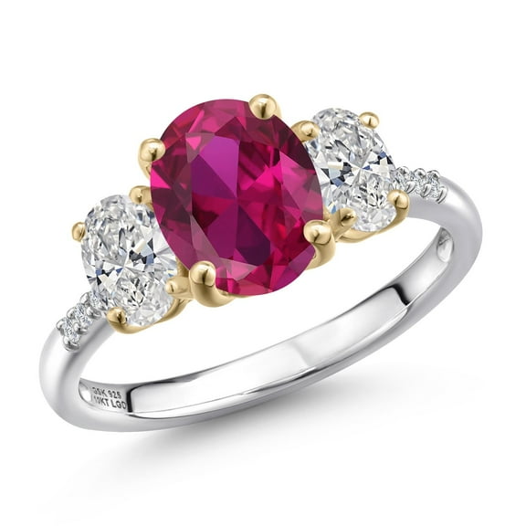 Gem Stone King 925 Silver and 10K Yellow Gold Red Created Ruby and DEF Lab Grown Diamond Engagement Ring for Women | 3.06 Cttw | Oval 9X7MM | July Birthstone | Size 7