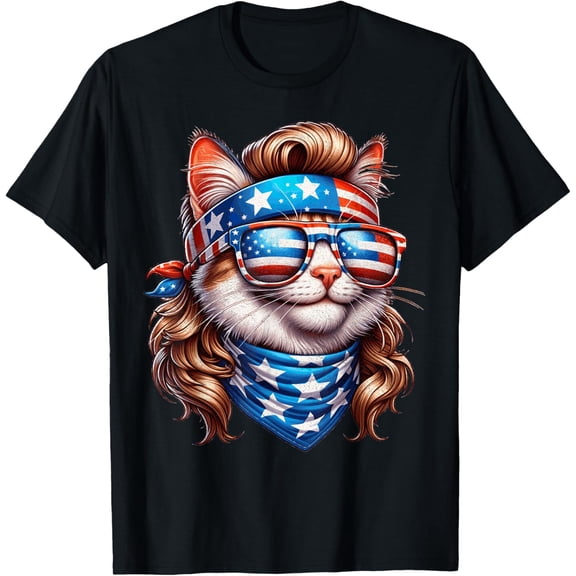 Mullet Cat 4th Of July Cat American Flag Patriotic Funny T-shirt
