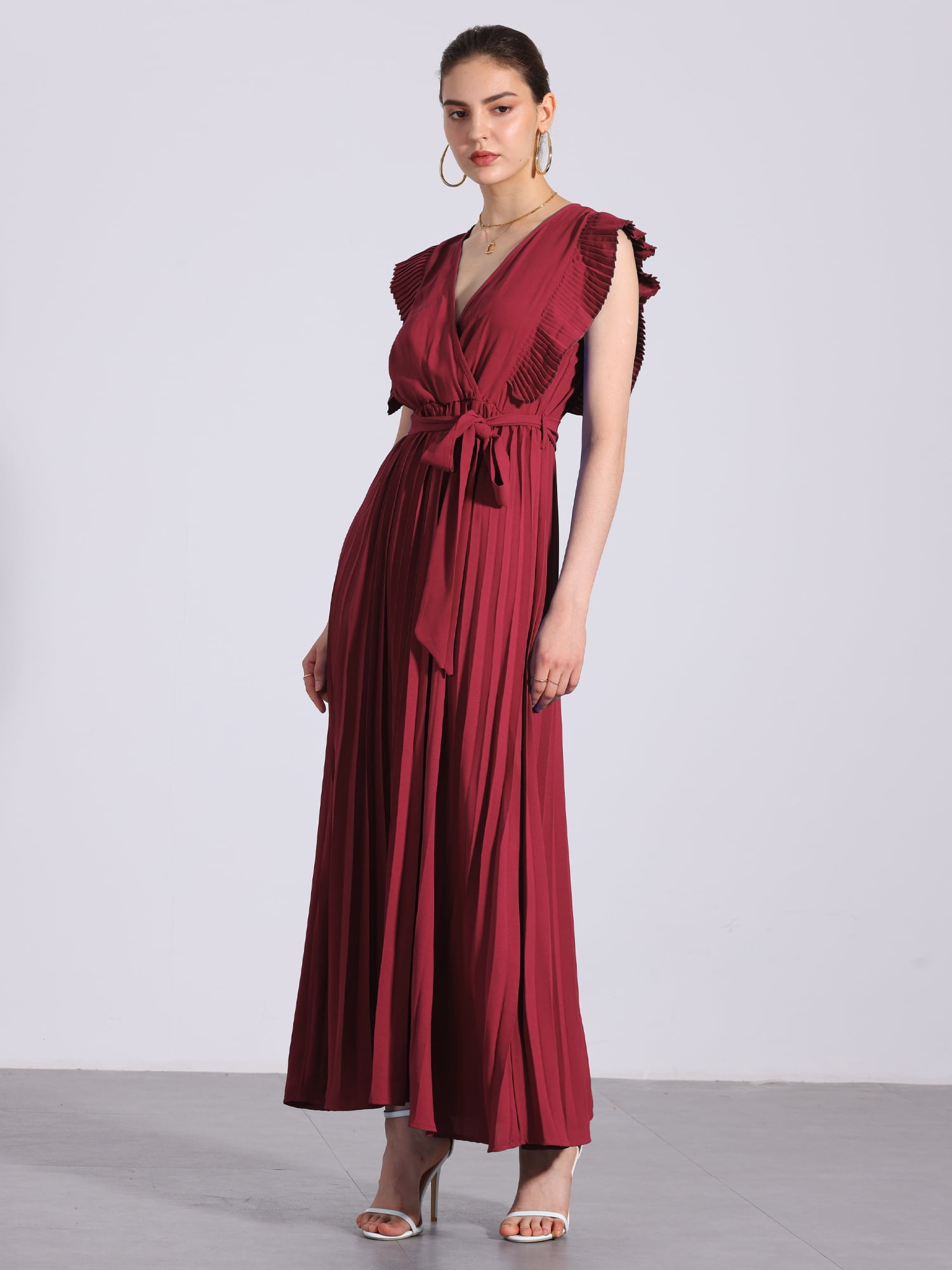 DARING DIVA Maxi Ruffled Sleeve V Neck Pleated Dress 2XL Red