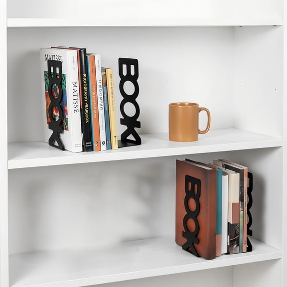4 Pcs Bookend, Sturdy Metal Non-Skid Book Stopper, Unique Geometric Decorative Bookends for Shelves, Home Office & Dorm