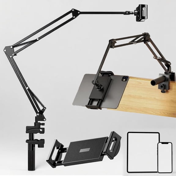 YINIUTECHNO Cell Phone Tablet Holder for Bed, Flexible Long Arm Clamp Clip Stand for Desk Table Kitchen Game, Gooseneck Tablet Stand Holder, Foldable Adjustable - Black