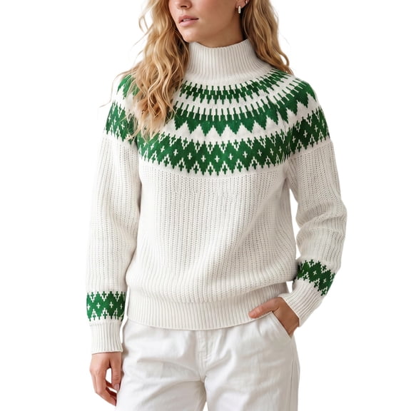 INSPIRE CHIC Women's Fair Isle Sweater Casual Vintage Mock Neck Long Sleeve Pullover Small Beige