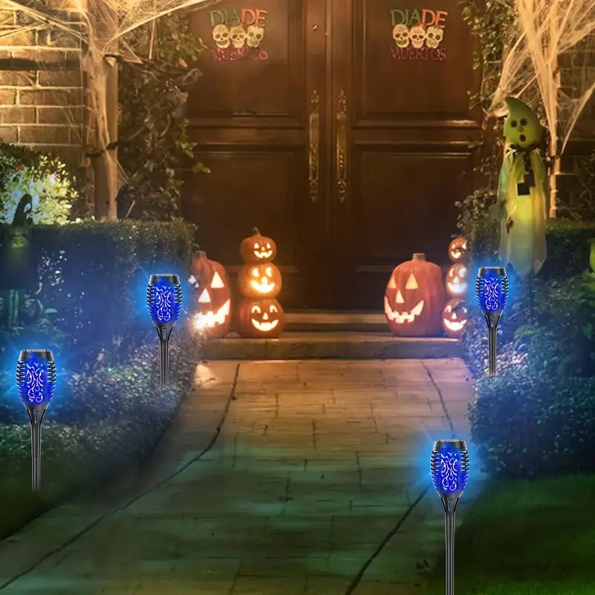 Magicorange 12 Pack Outdoor Solar Lights Waterproof, Solar Torch Lights with Flickering Flame, Decorative Landscape Lamps for Garden Patio Yard Pathway Walkway, Christmas, Halloween (Blue Light)