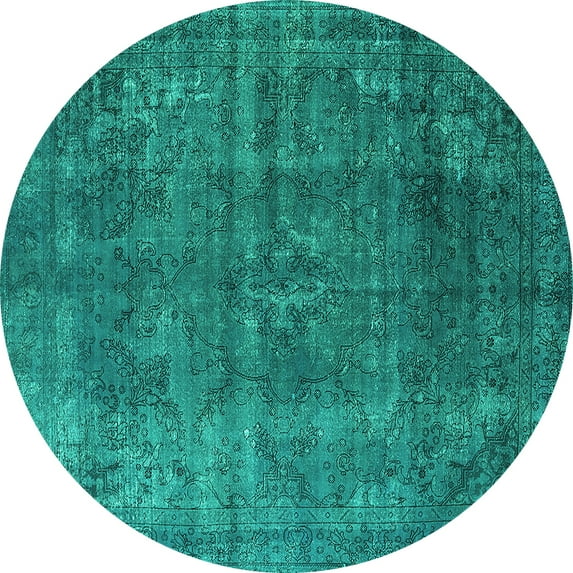 Ahgly Company Machine Washable Indoor Round Oriental Turquoise Blue Industrial Area Rugs, 7' Round