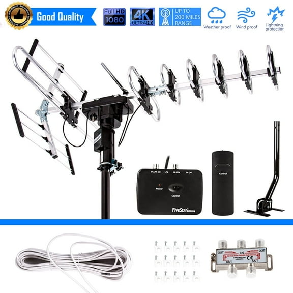 FiveStar. Outdoor HDTV Antenna - 200-Mile Range, 360° Rotation, 4K Ready, Includes Installation Kit
