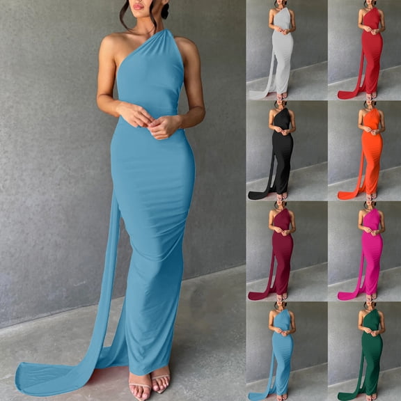 Dresses for Women Elegant Classy Sleeve Less Bak Less Prom Dresses Solid Color Hanging High Slit Maxi Dress Formal Evening Gowns