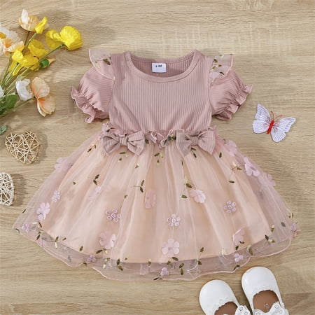 

Aayomet Girls Dresses Kids Toddler Baby Girls Spring Summer Print Ruffle Tulle Short Sleeve Princess Dress Pink 18-24 Months