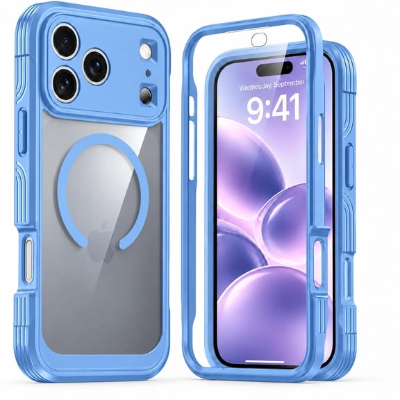 ELEHOLD Magnetic Case for iPhone 18 Pro with Built-in Screen Protector, Compatible with Magsafe Accessories, Clear Full-Body Shockproof Heavy Duty Soft TPU Bumper Cover,Blue