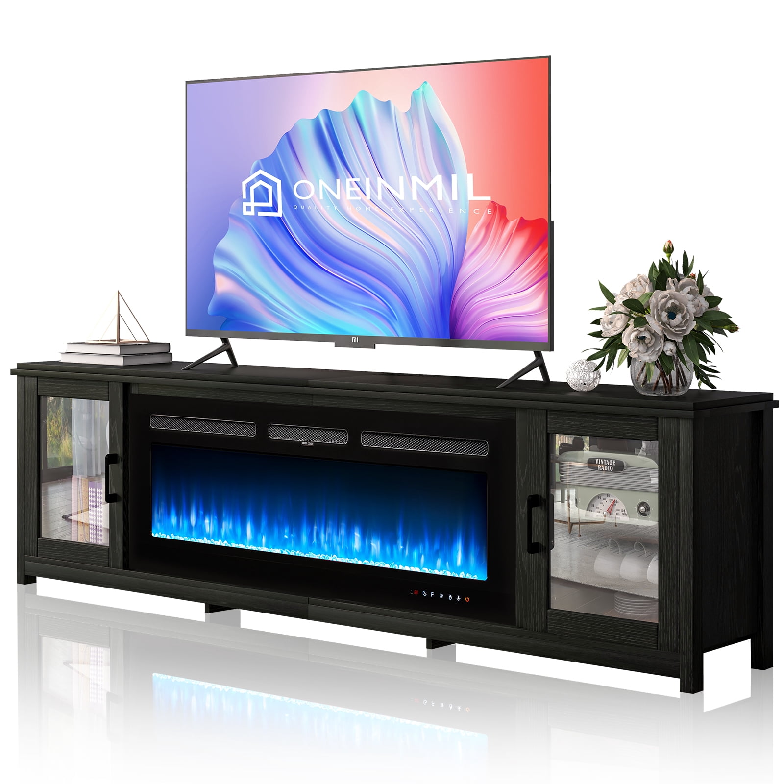 Easoger Fireplace TV Stand for TVs up to 90", 80" TV Stand with 50" Electric Fireplace, Entertainment Center with Glass Doors, Black