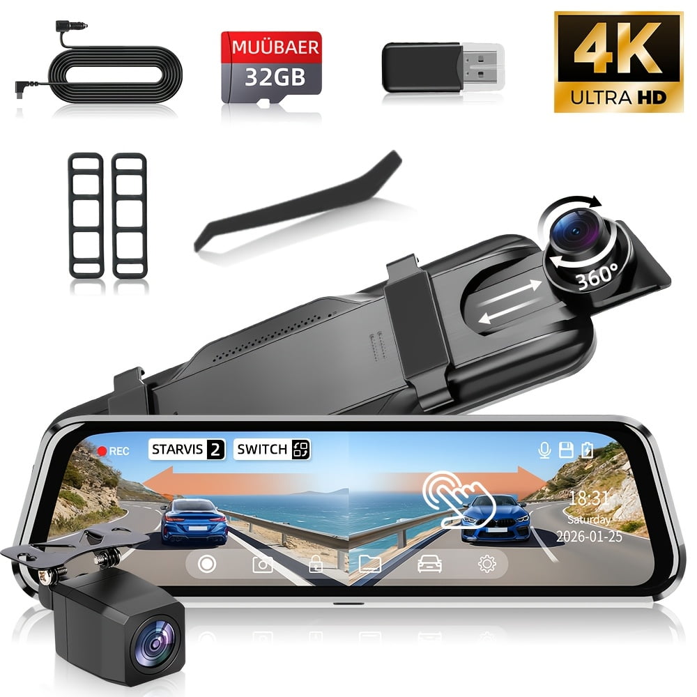 10" 4K Mirror Dash Cam with Touch Screen, Night Vision, Backup Camera, Loop Recording, 24H Parking Monitor & Security for Cars and Pickups