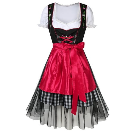 Women's Oktoberfest Plaid Mesh Stitching Embroidery A Line Formal Dresses Suit Color:Red Size:S