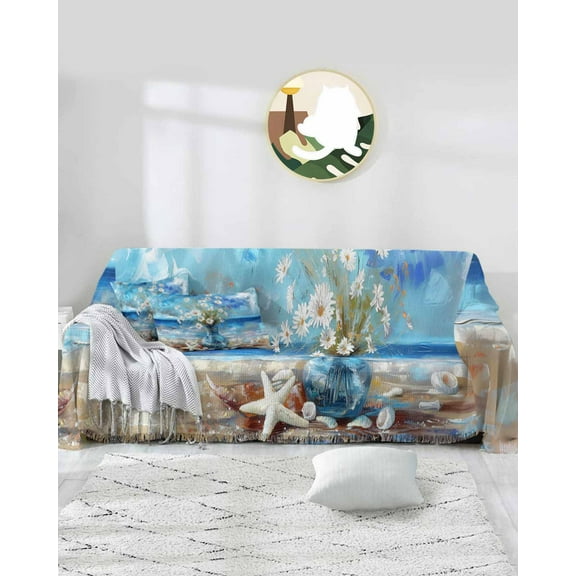 Floral Blue Sofa Covers for 3 Cushion Couch,Washable Sectional & L Shape Couch Covers for Dog/Cat/Kid,Abstract Coastal Daisy Painting Ocean Starfish Non Slip Sofa Slipcover Futon Cover 71x150