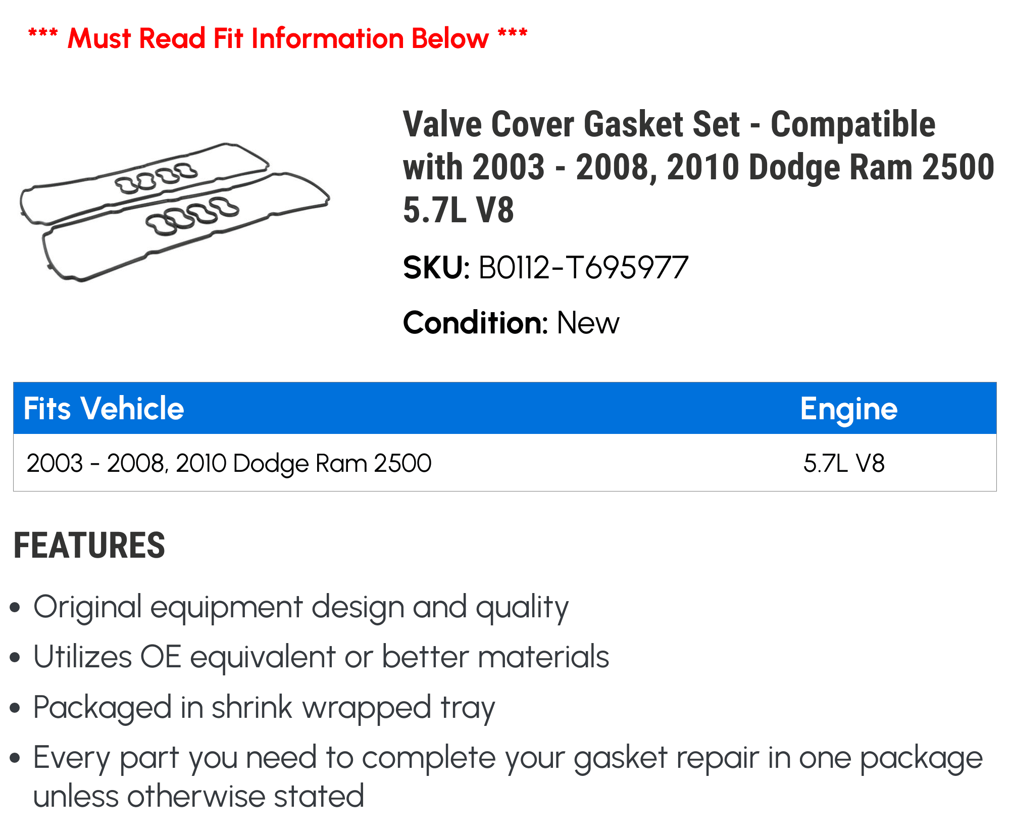 Valve Cover Gasket Set - Compatible with 2003 - 2008, 2010 Dodge Ram 2500 5.7L V8 2004 2005 2006 2007