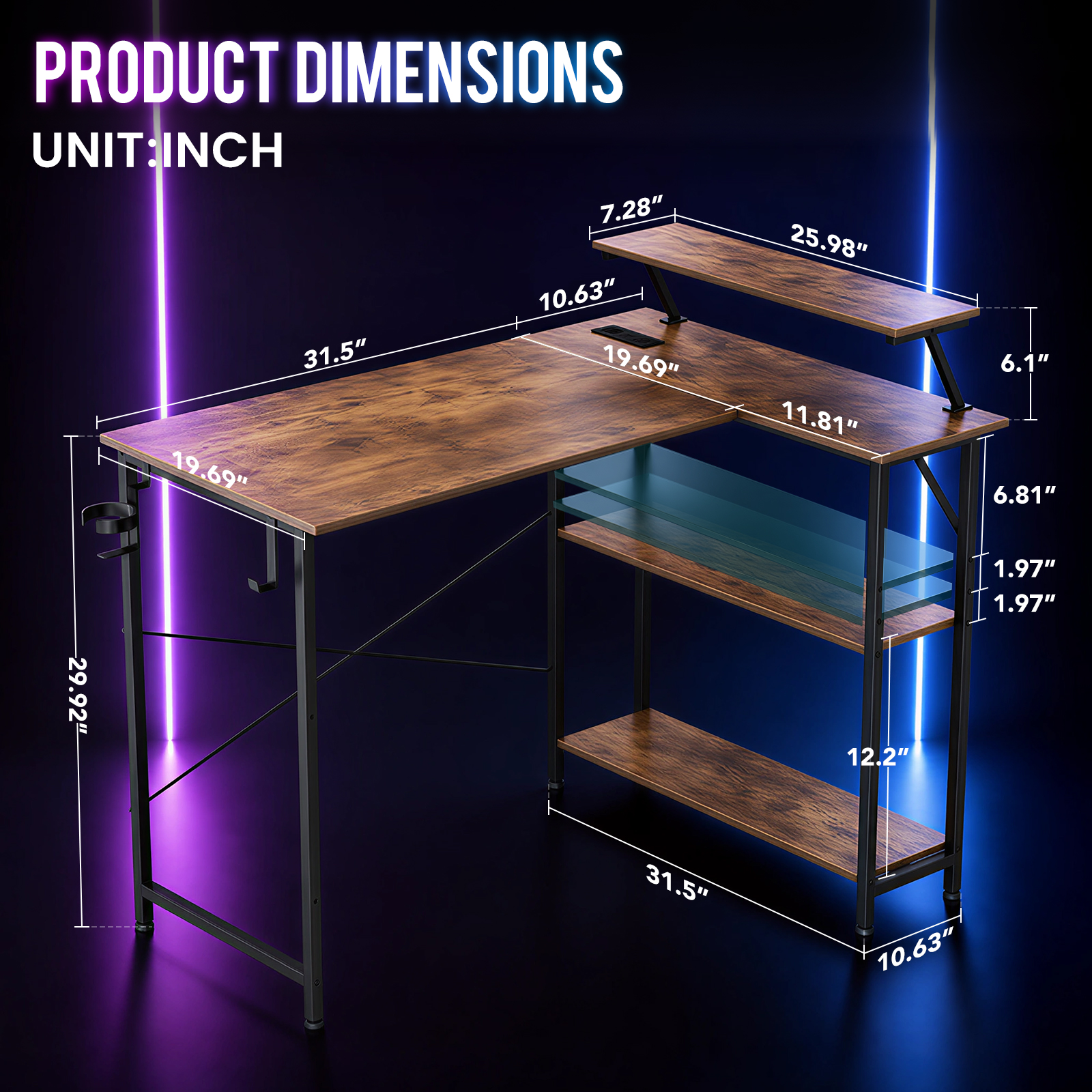 CLOUDREST PRO 42" L-Shaped Gaming Desk, Power Outlets & RGB LEDs, Brown