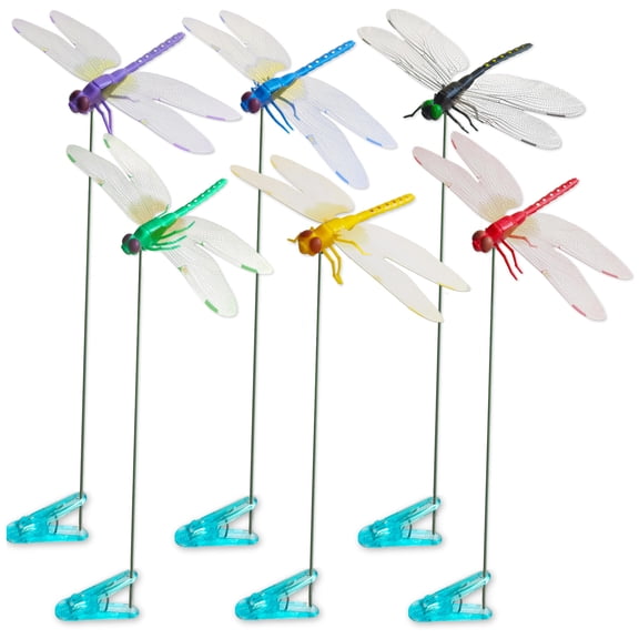 6 Pack 3D Realistic Dragonfly Clips & Decorative Stakes, Waterproof PVC Artificial Fake Dragonflies Set, Clip-On Dragon Fly Ornaments for Garden Yard, Flower Pot, Balcony
