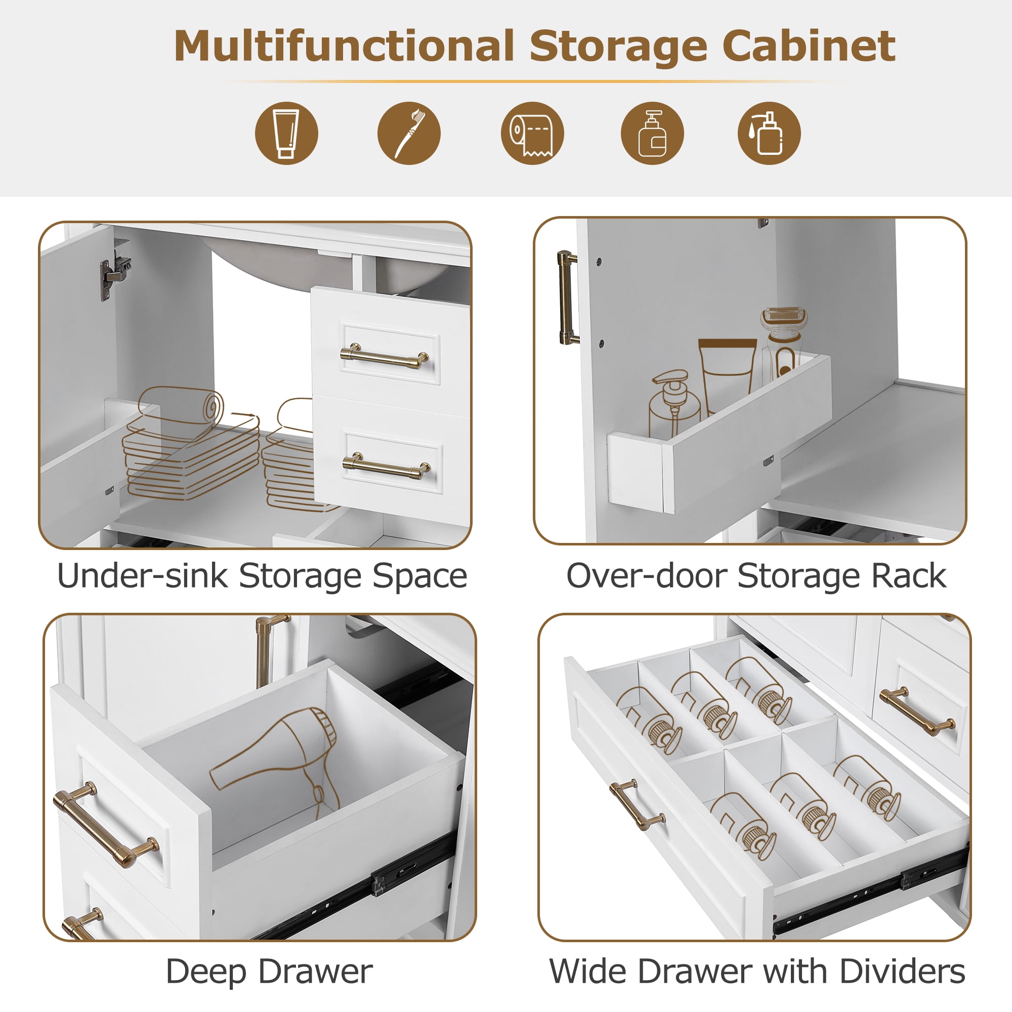 30" Bathroom Vanity with Ceramic Sink, Soft-Close Door with Built-in Shelf, Deep Drawer, Standard Drawer, Long Divider Drawer, Ample Storage Cabinet for Bathroom