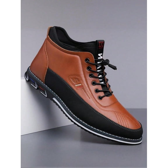 Men's Faux Leather Mid-Top Sneakers - Adjustable Lace-Up Color Block Design Non-Slip Rubber Sole Lightweight Durable Daily Footwear