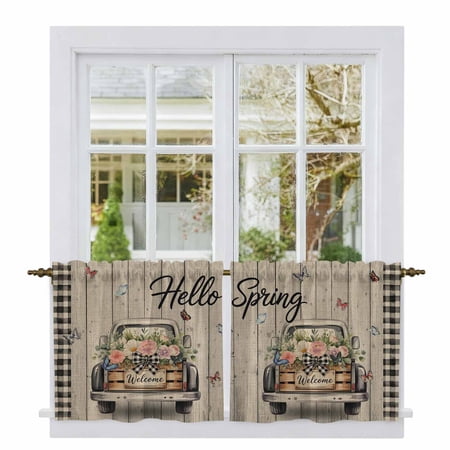 Spring Flower Tier Curtains 24 Inch Length Farmhouse Vintage Truck Black Plaid Wood Grain Cafe Short Curtains for Bathroom Sink Small Kitchen Curtain Light Filtering Drapes 2 Panels 27.5 Wx24 L