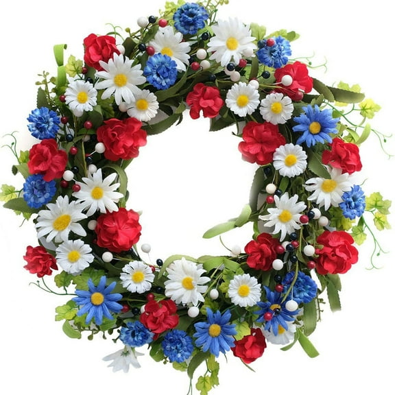 Independence Day Patriotic Wreath,Red White Blue Artificial Floral Twig Wreath Hanging Decoration for Indoor, Outdoor