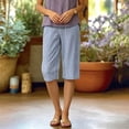 thumbnail image 2 of Jewelreauty Women's Striped Shorts Cotton Linen Straight Leg Elastic High Waist Casual Long Shorts Beach Summer (XL, Dark Blue), 2 of 7