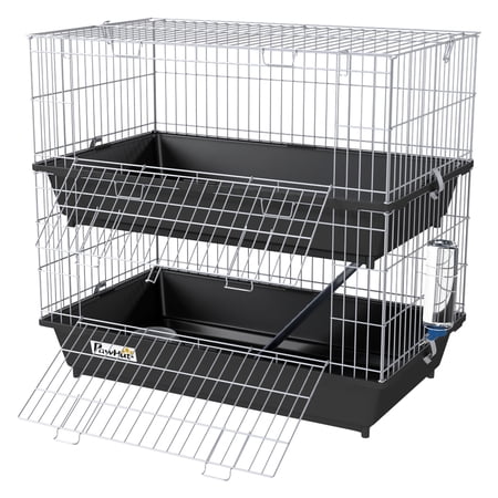 Small Animal Cage 2-Tier Bunny Ferret Chinchilla - Black Metal Cage with Ramp, Trays, Bottle & Dish
