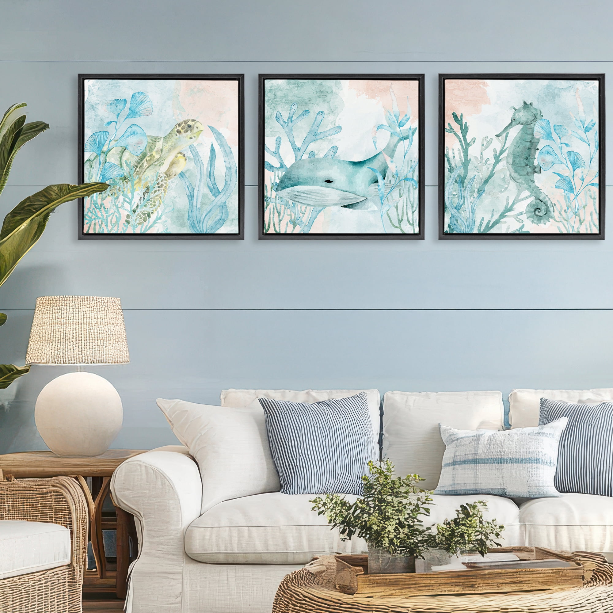 Stupell Industries Aquatic Animals Sea Swim 3 Piece Black Framed Floater Canvas Set, design by Kim Allen