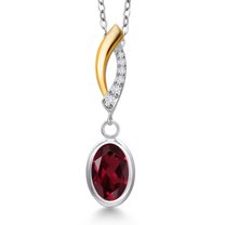 Gem Stone King 925 Silver and 10K Yellow Gold Red Rhodolite Garnet and Lab Grown Diamond Pendant Necklace for Women | 1.40 Cttw | Gemstone January Birthstone | Oval 8X6MM | With 18 inch Chain