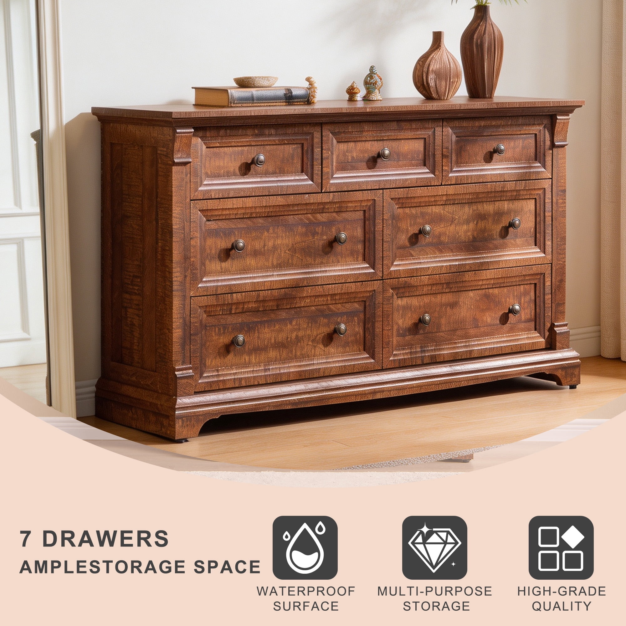 KeyWhat 54" Farmhouse 7-Drawer Dresser with Handles for Bedroom, Living Room , Hallway