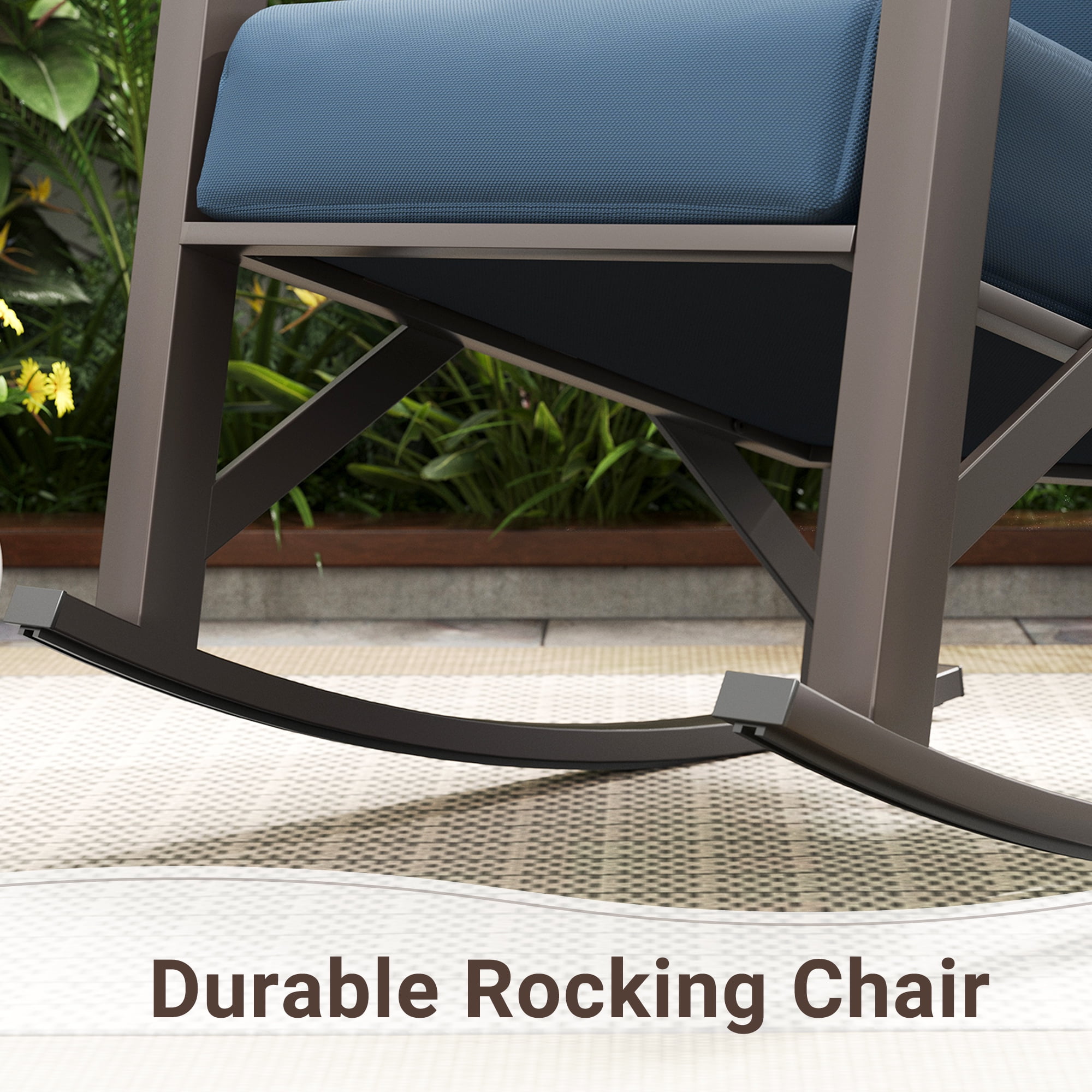 MRUAKA Rocking Chair Bistro Set,3 Piece Outdoor Patio Furniture Set with 2 Rockers and 1 Metal Coffee Table with Thick Cushions for Porch,Backyard,Poolside,Blue