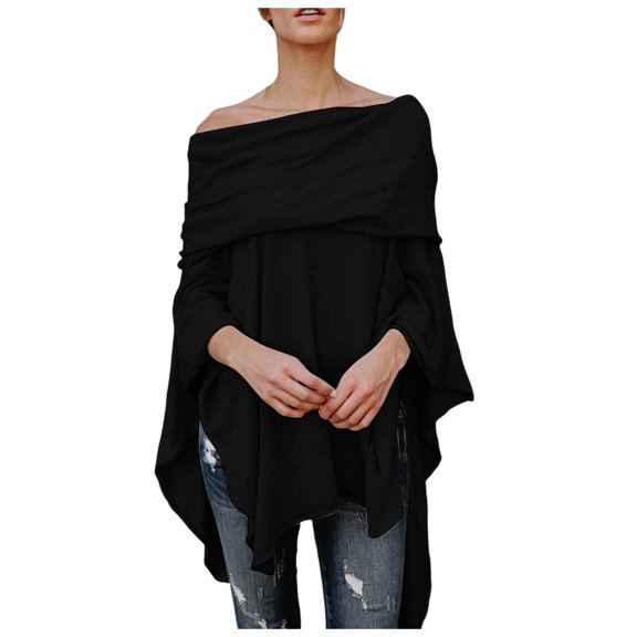HJYCHN Elegant Off Shoulder Women's Wraps Asymmetric Hem Blouse Soft Flowy Shawl Top for Style Black XXL