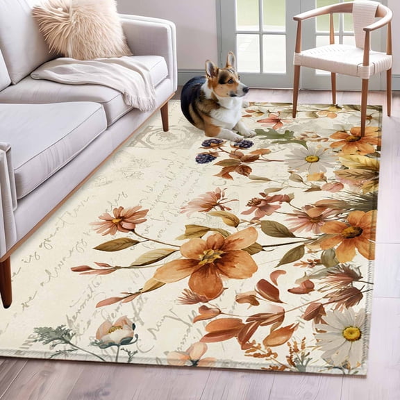 Vintage Floral Area Rugs 2.7'x5', Washable Small Throw Rugs for Kitchen Bedroom, Spring Flowers Eucalyptus Leaves Indoor Outdoor Rug Non-Slip Low Pile Carpet Runner Reversible Floor Mats
