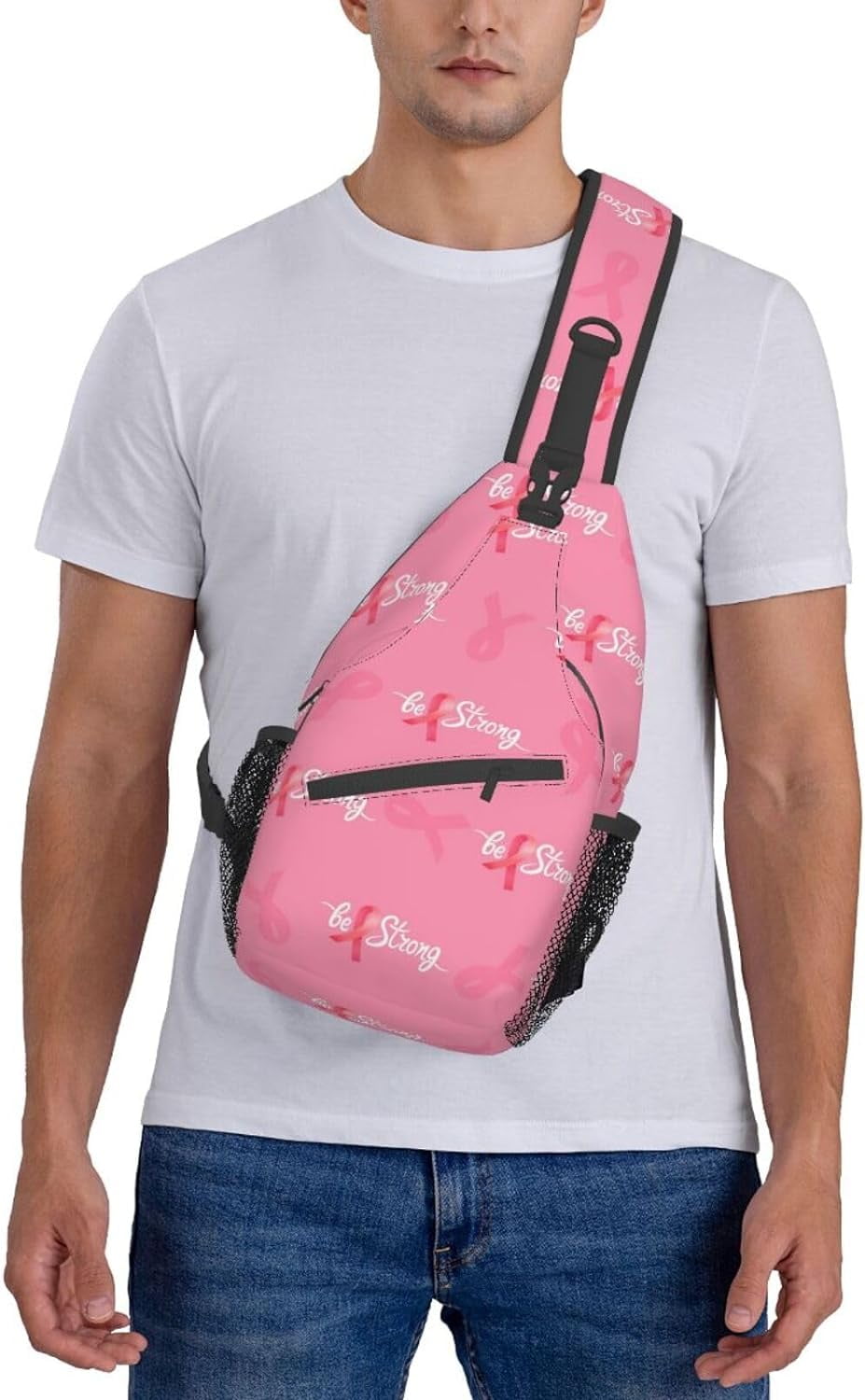 Breast Cancer Awareness Be Strong Sling Bag Crossbody Hiking Travel Chest Bags Backpack Shoulder Daypack for Women Men