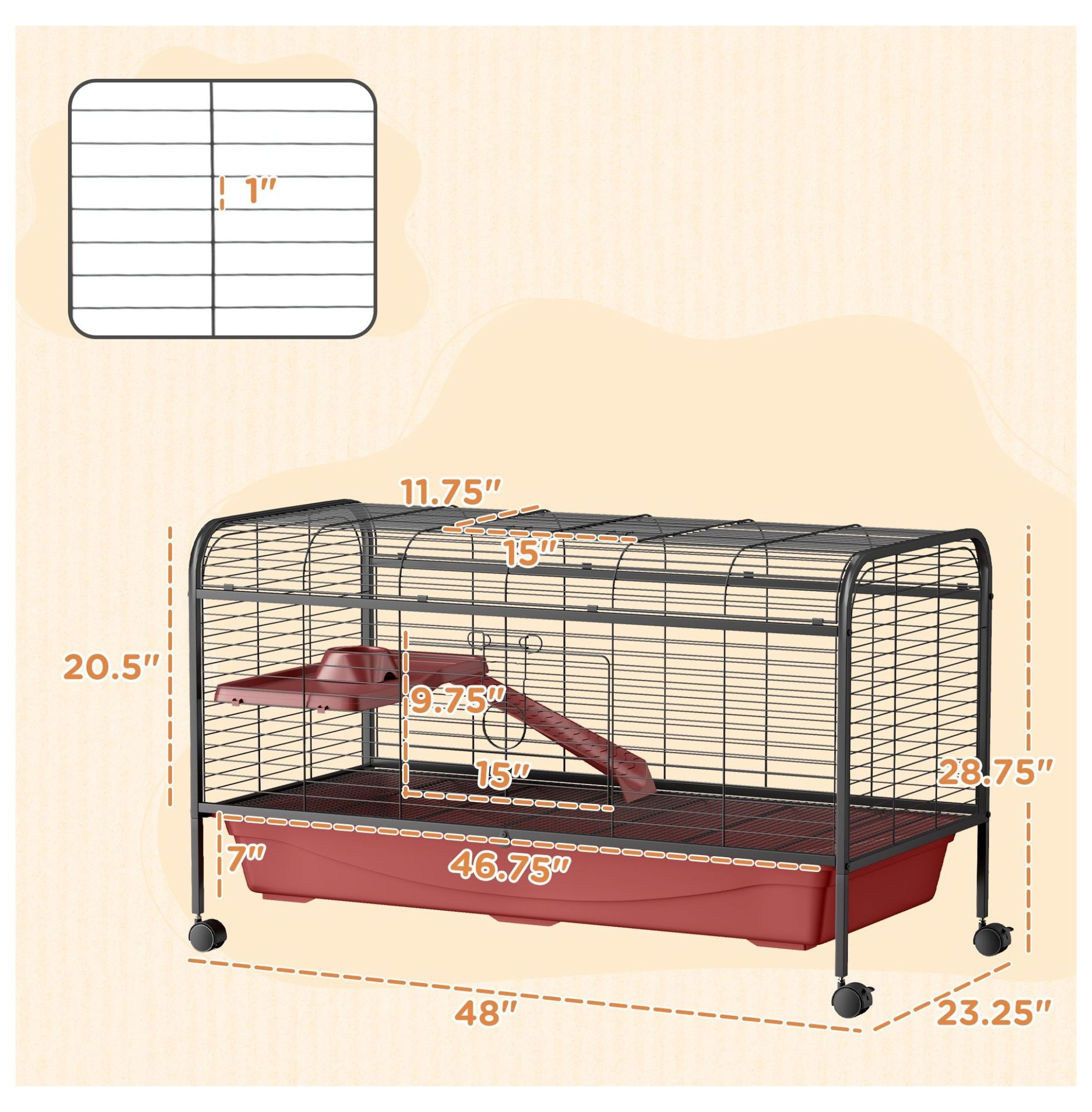 "L Small Animal Cage, Pet Play House for Rabbit Hutch with Feeder, Rolling Wheels, Platform, Ramp