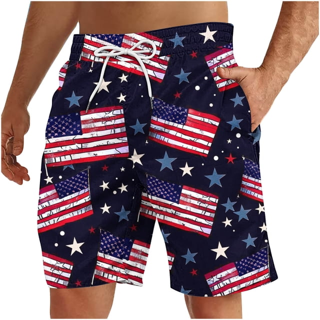 Pantalones Cortos Deportivos para Hombre, Pantalones Cortos de Playa con Cordón Impreso para el Día de la Independencia con Bolsillo Hechos de 95% Poliéster 5% Spandex, Pantalones Cortos Deportivos Pa