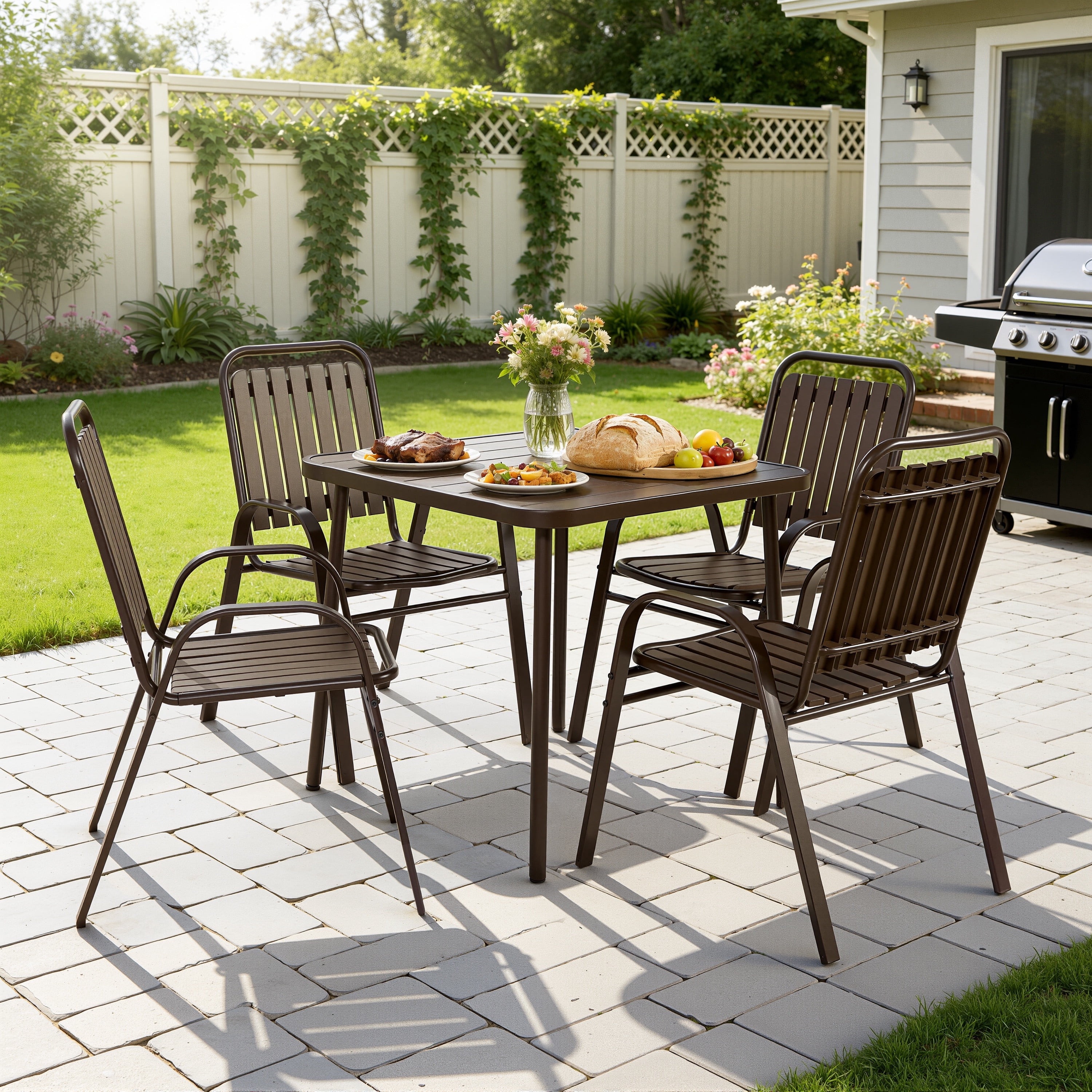5 Piece Outdoor Dining Set, Patio Furniture Set with 4 Armrest Chairs and Steel Slat Table, All-Weather Conversation Set for Patio, Backyard, Deck, Poolside - Brown