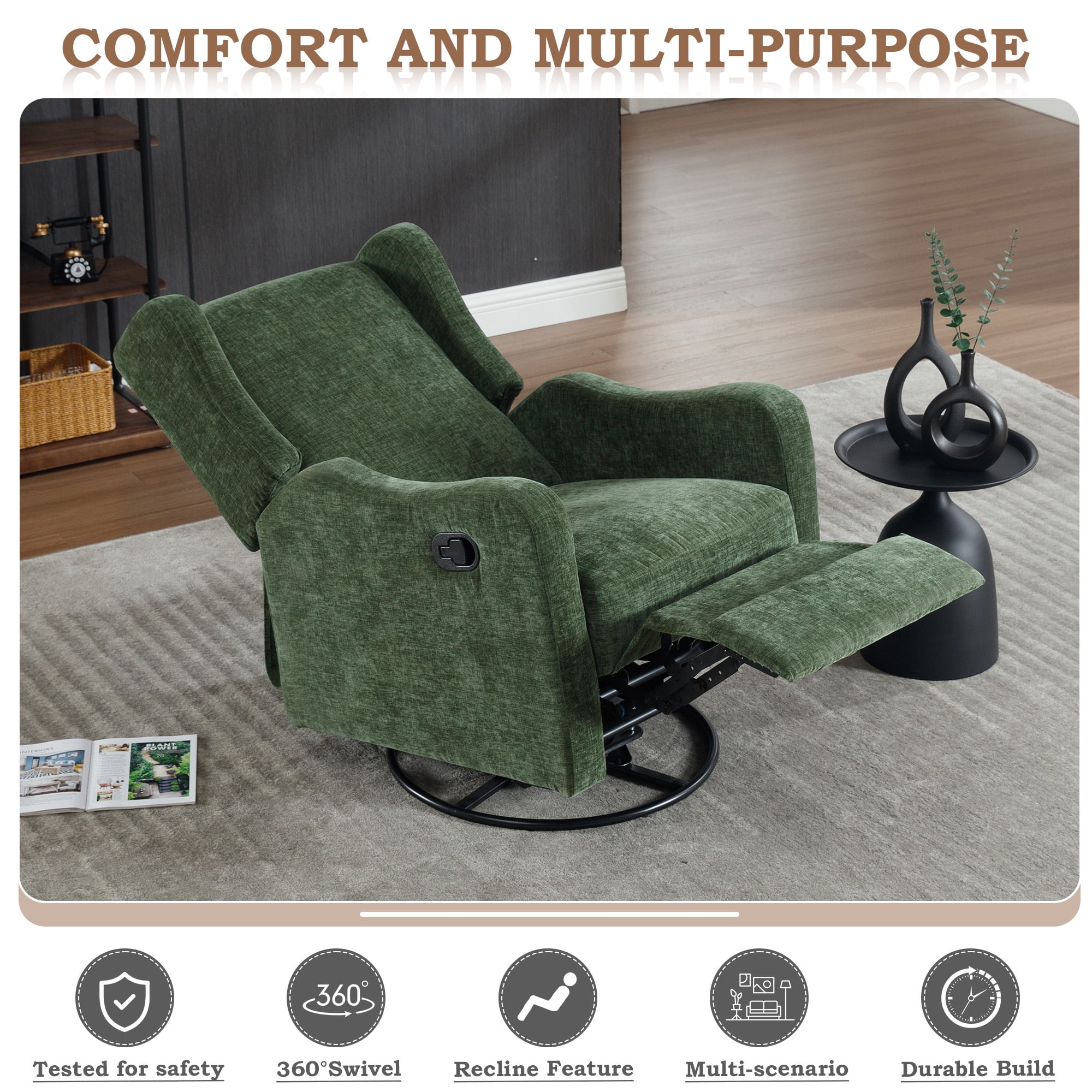 Lunale Swivel Glider Rocking Chair for Nursery, Wingback Upholstered Glider Rocker for Living Room, Green Chenille Fabric