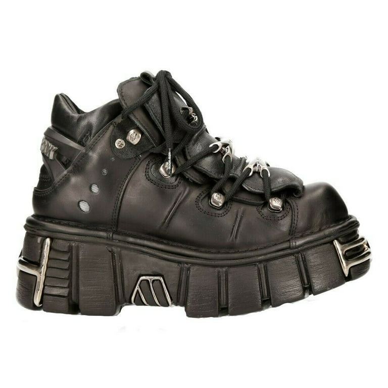 New Rock Unisex Metallic Black Gothic Leather Biker Boots, Classic