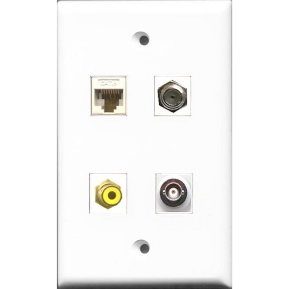RiteAV 1 Port RCA Yellow and 1 Port Coax Cable TV- F-Type and 1 Port BNC and 1 Port Cat6 Ethernet White Wall Plate
