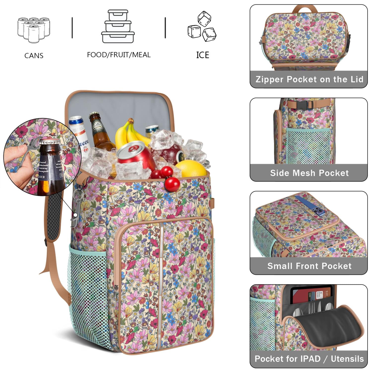 Travel Cooler Bag - Pioneer Flower Camping Beer Cooler Backpack with Bottle Opener- Waterproof Insulated Picnic Backpacks - Cooler Bag for Beach