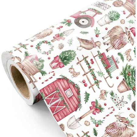 Farmhouse Christmas Wrapping Paper - Mini Roll - 17 Inch x 16.5 Feet - Festive Farm Animals and Cow Christmas Farm Wrapping Paper for Xmas Holiday, Party Celebration