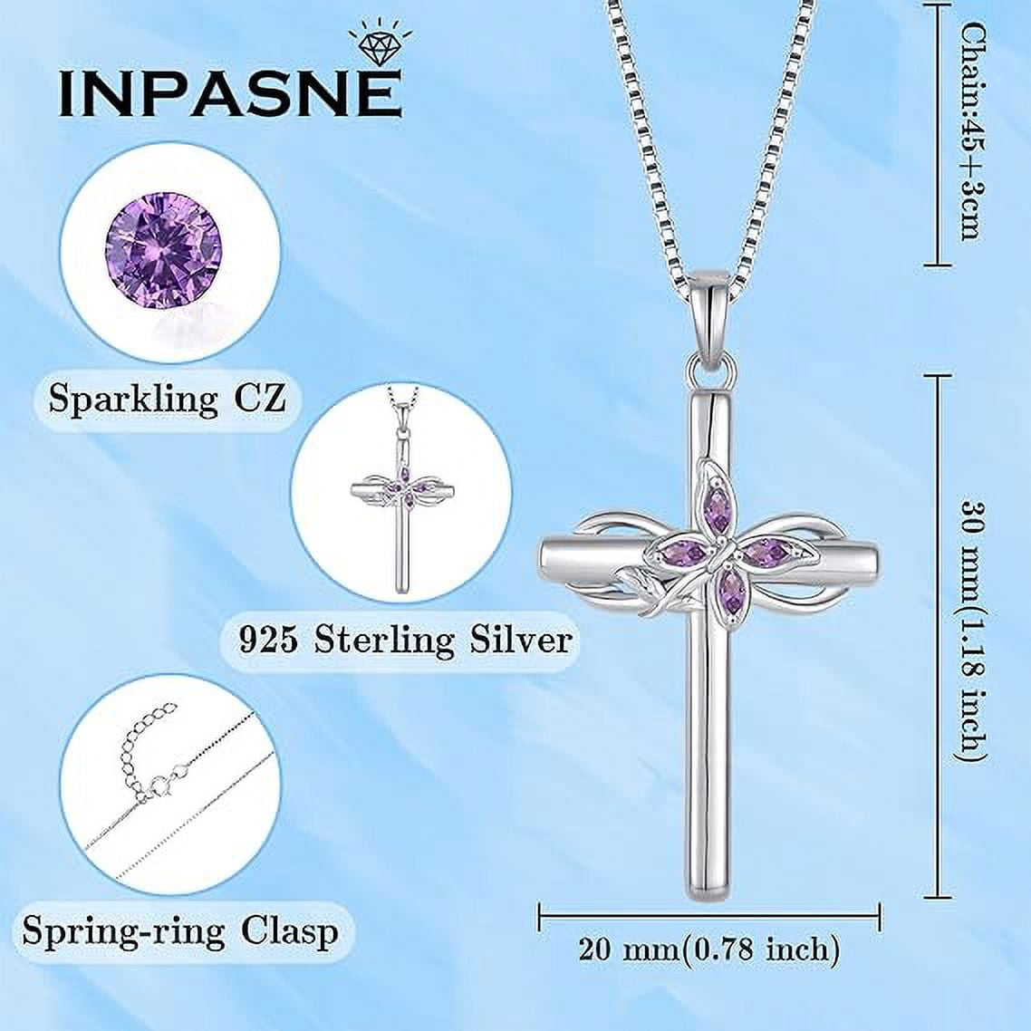 Inpasne Cross Necklace for Women 925 Sterling Silver Infinity Butterfly Amethyst Necklace February Birthstone Jewelry Gifts for Women Her Mom Wife Girlfriend Daughter